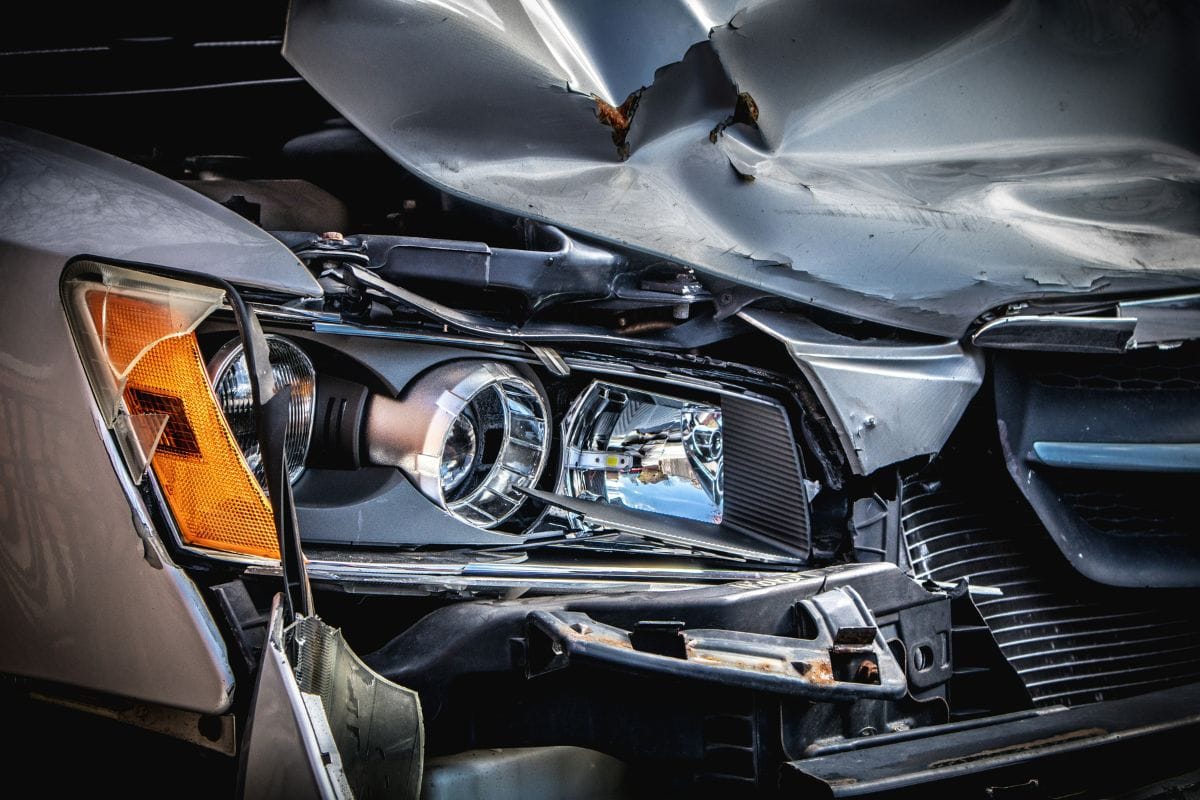 Damaged front end of car