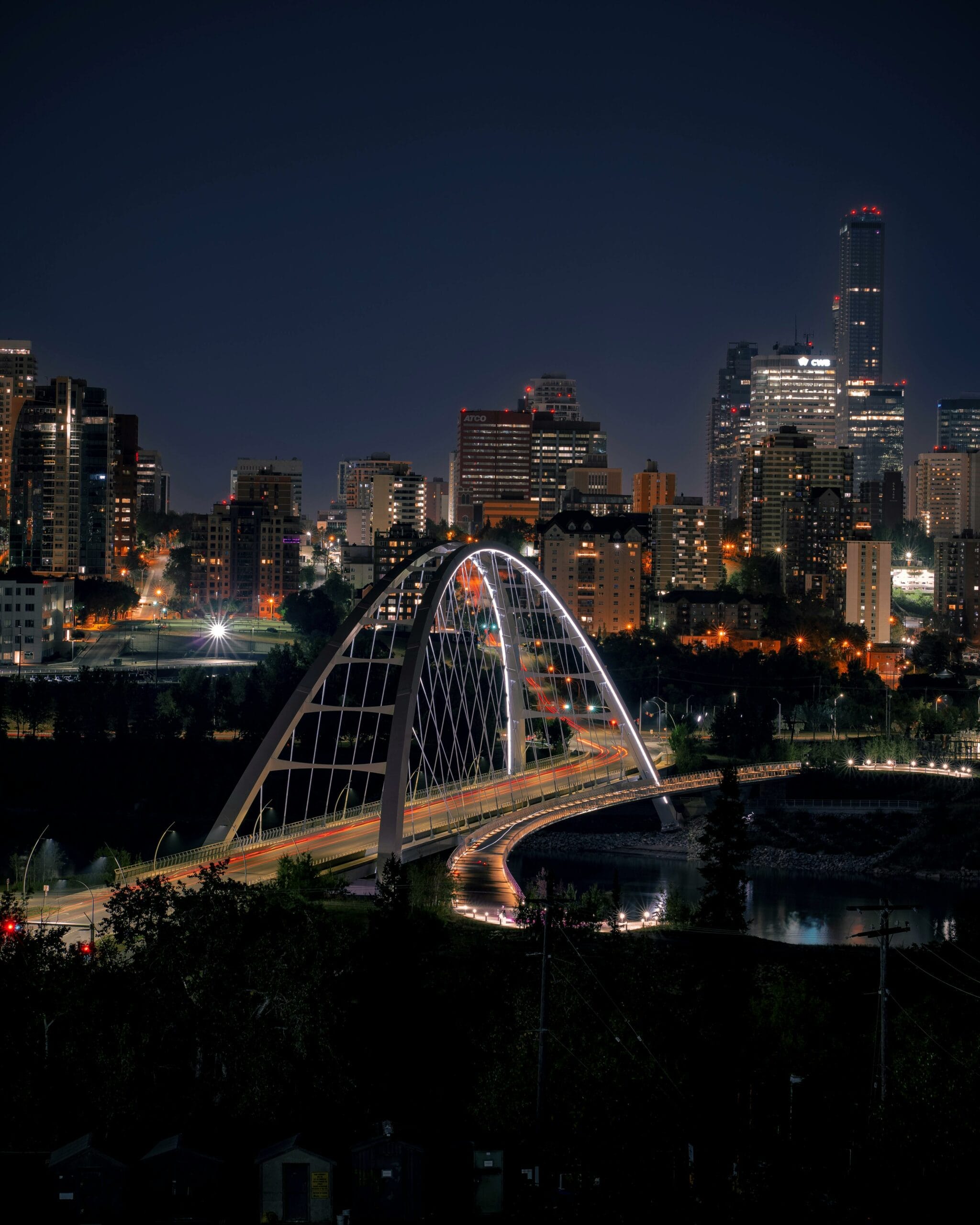 Walterdale Bridge in Alberta lit up at night