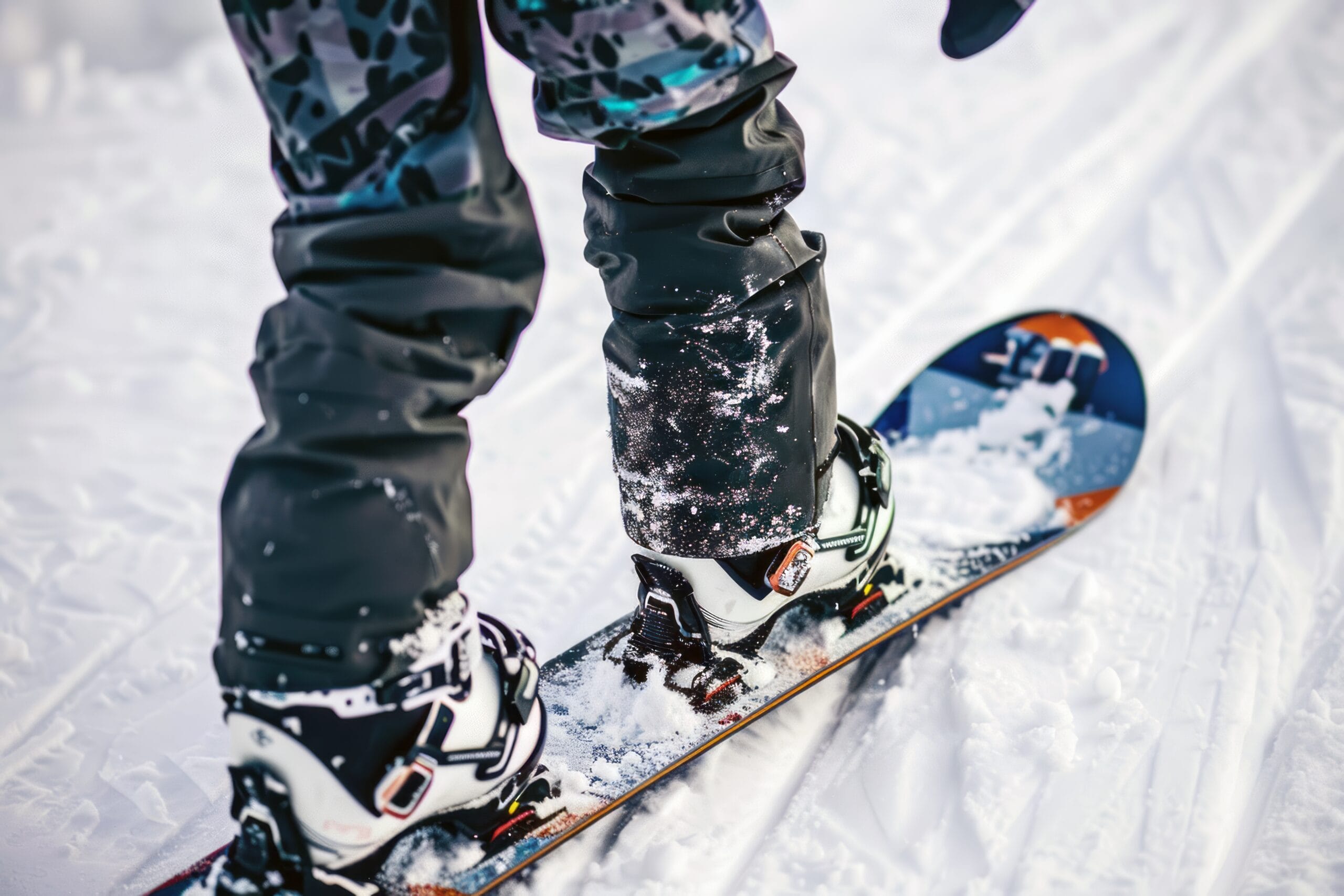 A close up of a persons feet while they are snowboarding